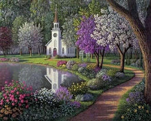 Load image into Gallery viewer, Old Church near a Beautiful Pond and Flowers Painting by Numbers
