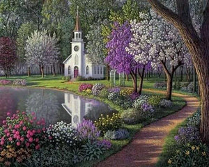 Old Church near a Beautiful Pond and Flowers Painting by Numbers